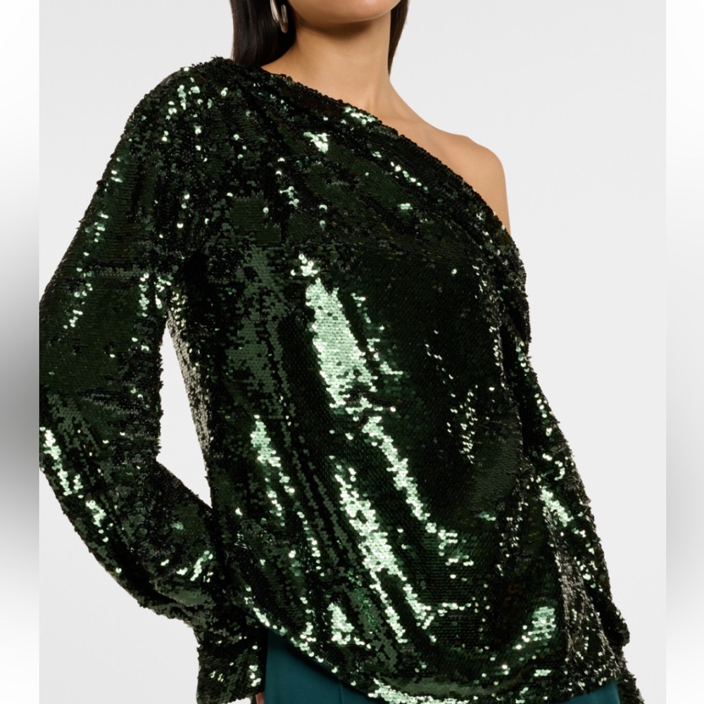 NWT Jonathan Simkhai Sequin One-Shoulder Green Emerald Blouse Top Size XS